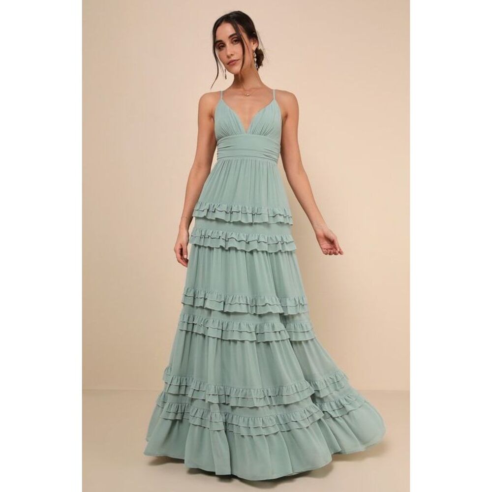 Lulus Lavish Perfection Sage Green Ruffled Tiered Maxi Dress - Size M